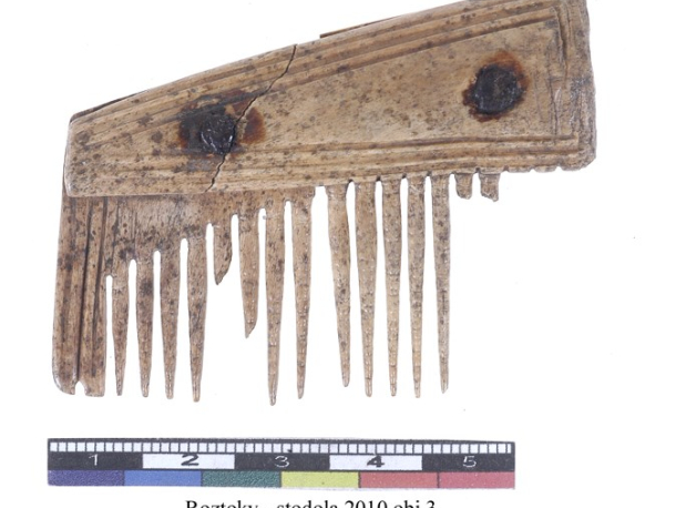 Kostěný hřeben z polozemnice pražského typu z Roztok.