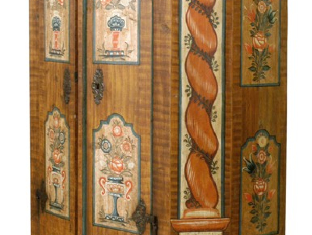 Skříň lidová malovaná, měkké dřevo, střední Čechy, dat. 1819 (pravděpodobně pořízená ke svatbě), 175 x 117 x 57 cm.