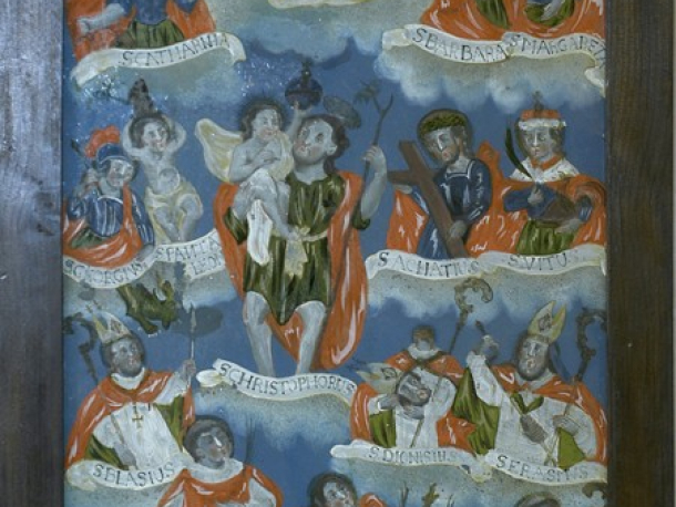 Čtrnáct svatých pomocníků, podmalba na skle (v nepůvodní liště), severovýchodní Čechy – Kladsko, kolem r. 1800, 53,8 x 37,4 cm.