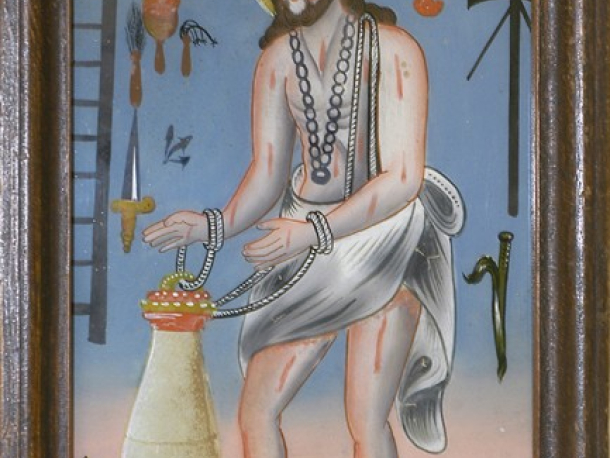 Kristus z Wies, podmalba na skle, severočeská sklářská oblast (Jablonecko), 1. polovina 19. století, 32,5 x 22,5 cm.