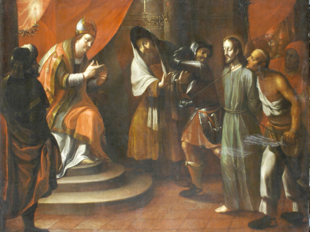 Kristus před Kaifášem, olej na plátně, kolem 1700, 171 x 140 cm.