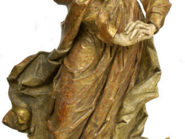 Panna Marie z Kalvárie, polychromovaná a zlacená dřevořezba, Čechy, kolem 1740, v 168 cm.